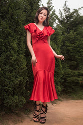 Silk Midi Dress with Ruffled Bodice, Flutter Sleeves and Flared Hemline for Formal Occasions